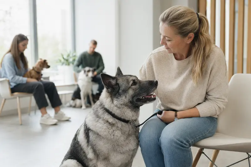 Ein Norwegischer Elchhund sitzt ruhig neben seinem Besitzer im hellen Wartezimmer einer modernen Tierarztpraxis.